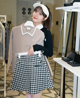 Leather Color Combination Collar Knit - Cocoa