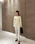 Leather flower trimmed cardigan - Cream