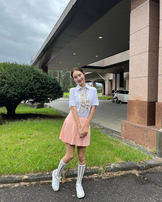 [FL Signature] Pearl & Bead Flare Pleated Skirt - Pink