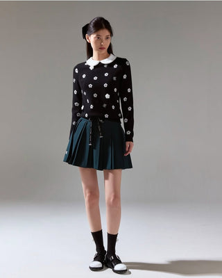 Flower belt set pleated skirt- Dark Green