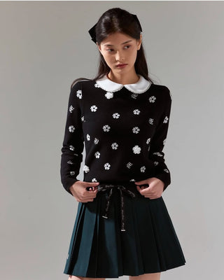 Flower belt set pleated skirt- Dark Green