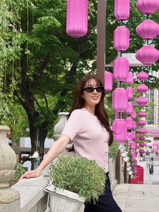 Fair Liar Ribbon Cropped Short Sleeve Knit (Pink)