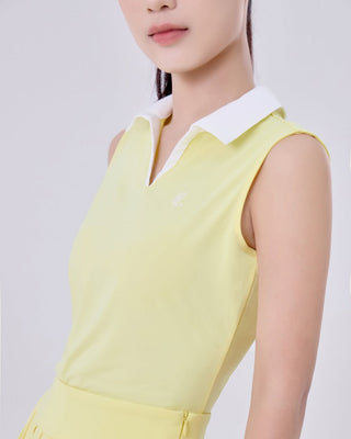 Contrast Collar Open-neck Sleeveless T-Shirt (Yellow)