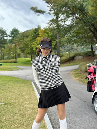 Houndstooth Checkered Quilted Vest - Black