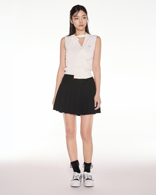 Asymmetrical Ribbon Pleated Skirt - Black