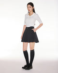 Front ribbon belt wide pleated skirt - Black