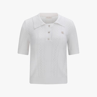 Ribbon Button Mesh Short Sleeve Knit (White)