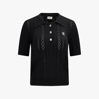 Ribbon Button Mesh Short Sleeve Knit (Black)