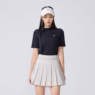 Ribbon High Neck Seven-Button T-Shirt (Black)