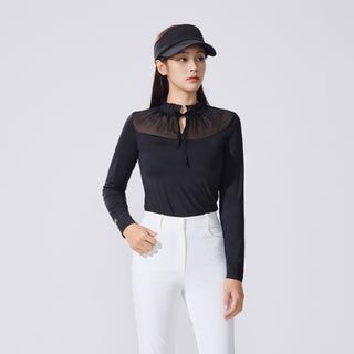 Sheer Shirring High Neck T-Shirt (Black)