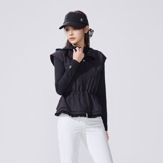 Drawstring Ruffle Zip-Up Vest (Black)
