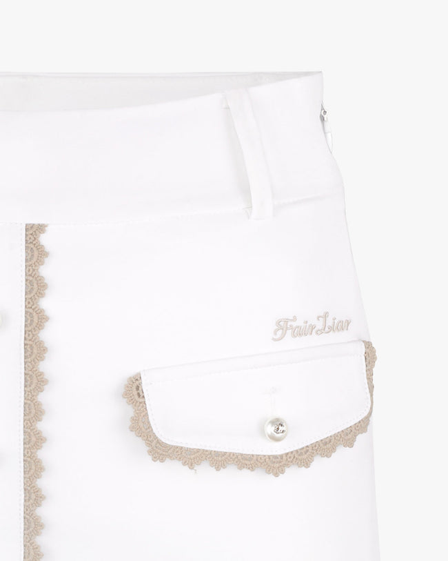Pearl Lace Pocket High Waist Skirt - White