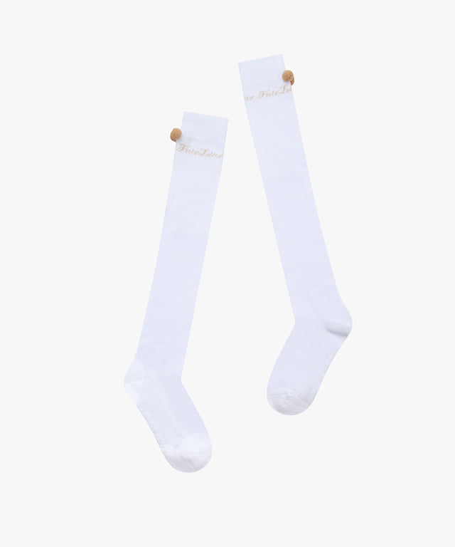 FAIRLIAR Pom Pom Overknee Socks (Beige)